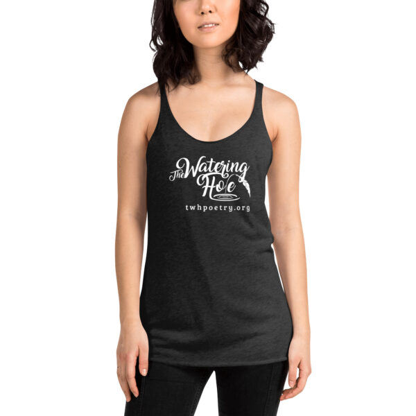 womens racerback tank top vintage black front with white The Watering Hole logo and twhpoetry.org in white under it