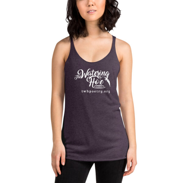 womens racerback tank top vintage purple front with white The Watering Hole logo and twhpoetry.org in white under it