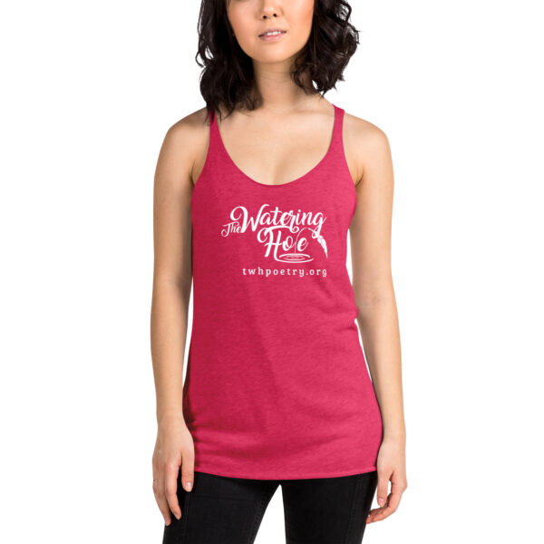 womens racerback tank top shocking pink front with white The Watering Hole logo and twhpoetry.org in white under it